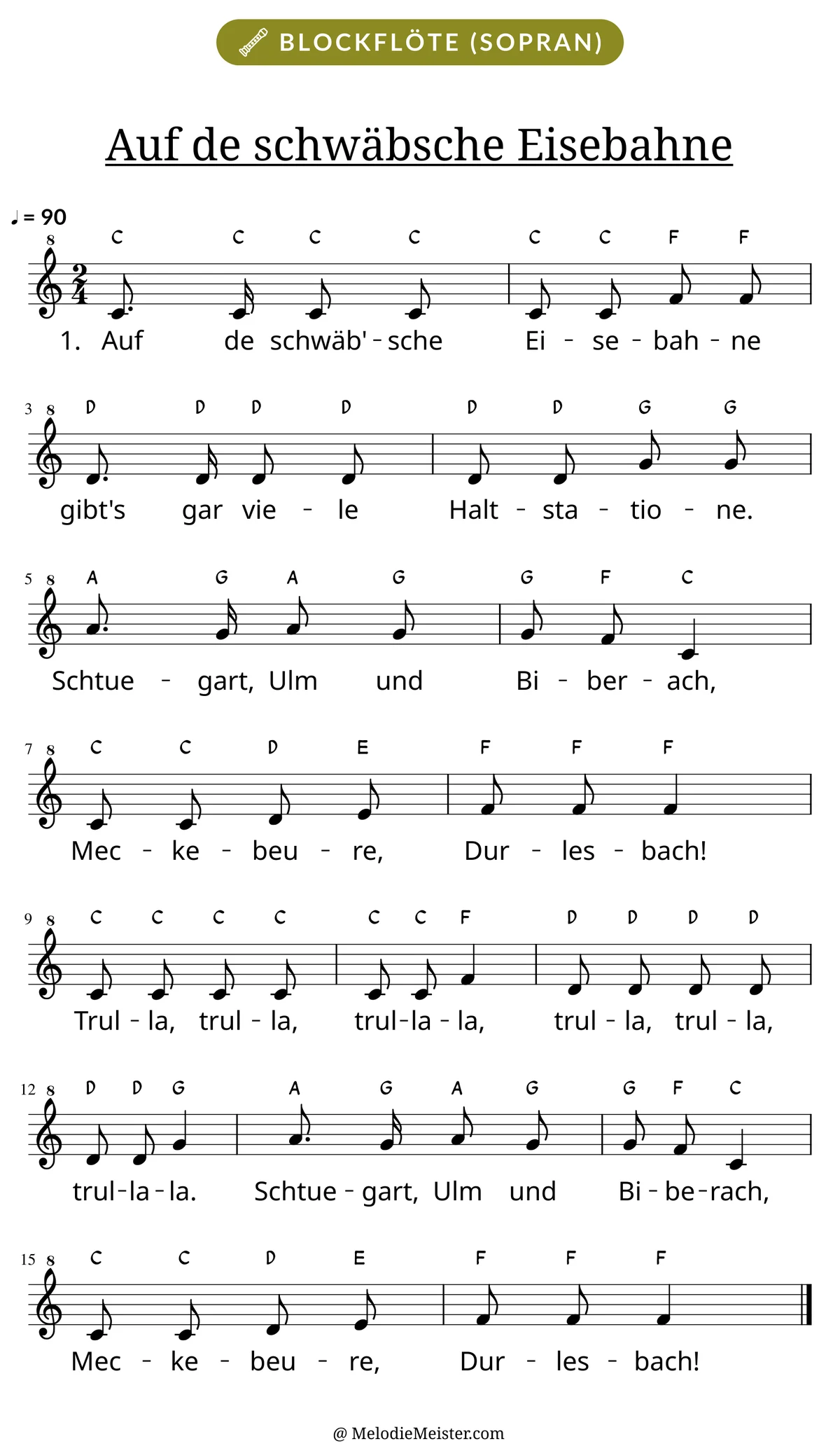 Notenblatt „Auf de schwäbsche Eisebahne“ für Blockflöte: Melodie mit Buchstaben über den Noten, darunter der Liedtext der 1. Strophe.