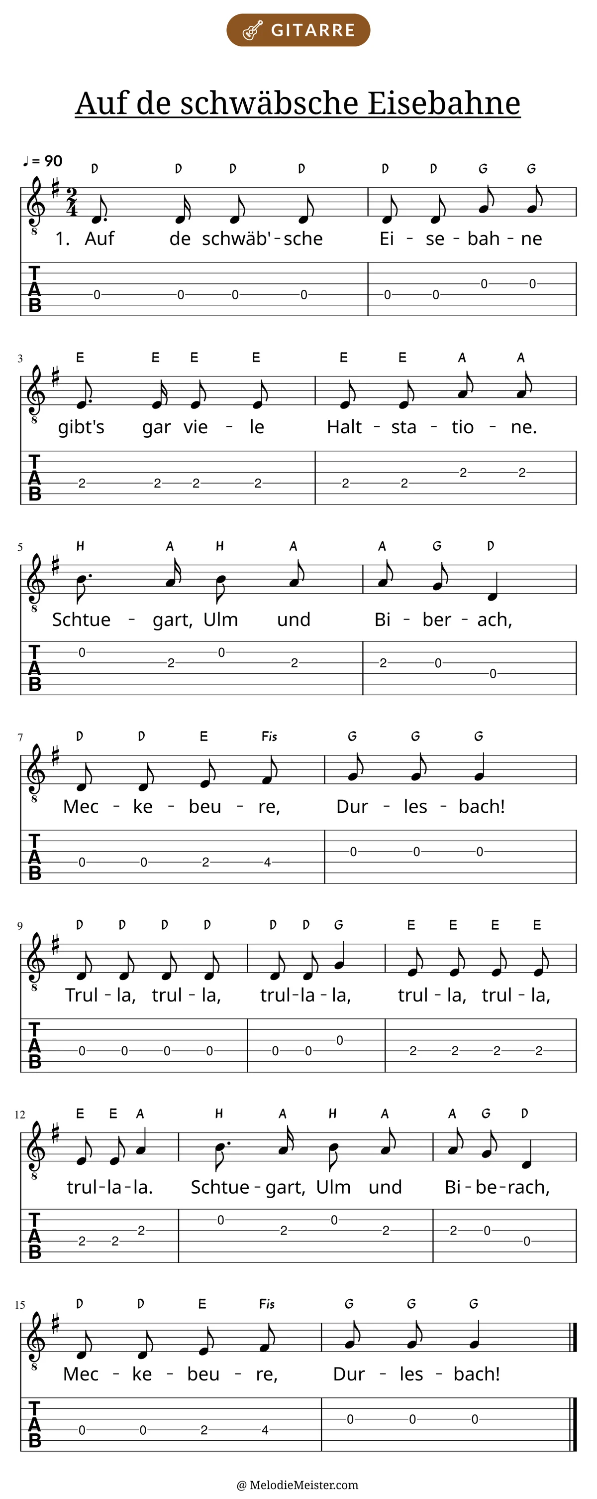 Notenblatt „Auf de schwäbsche Eisebahne“ für Gitarre: Melodie mit Buchstaben über den Noten, darunter der Liedtext der 1. Strophe und die Gitarren-Tabulatur mit Bundzahlen.