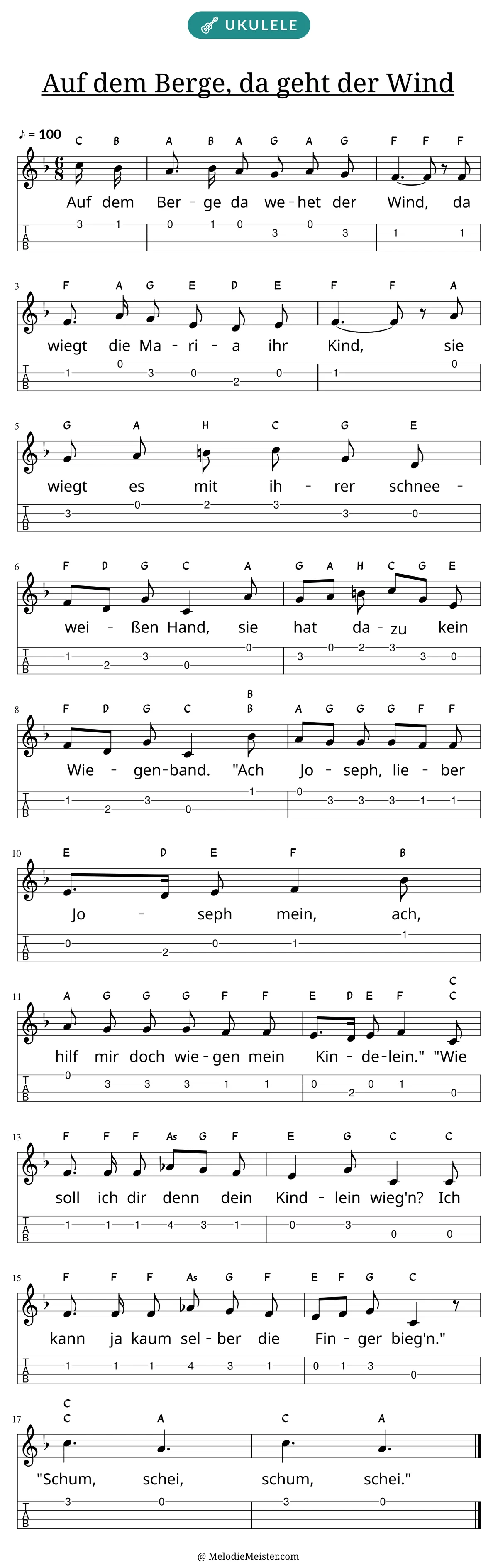 Notenblatt „Auf dem Berge, da geht der Wind“ für Ukulele: Melodie mit Buchstaben über den Noten, darunter der Liedtext und die Ukulele-Tabulatur mit Bundzahlen.