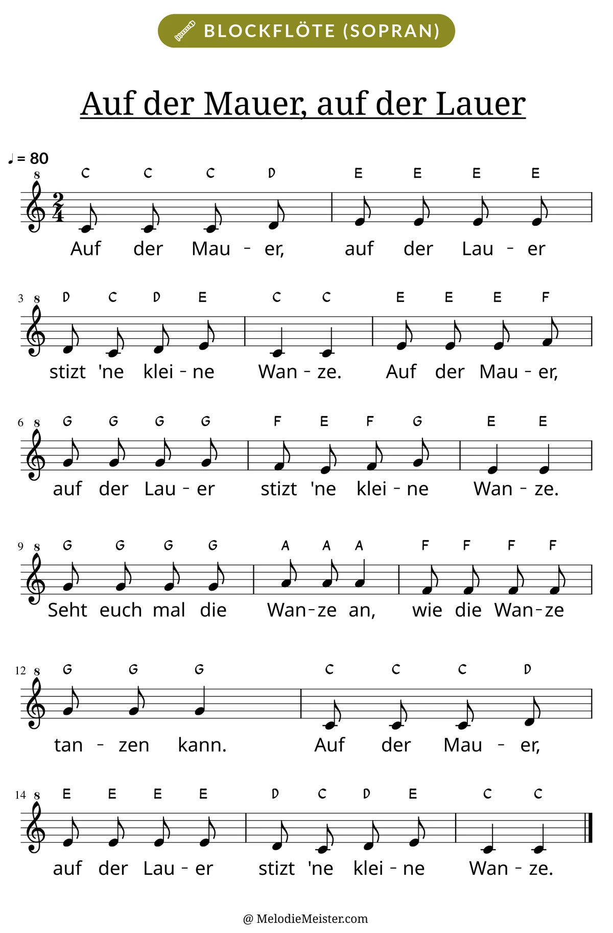 Notenblatt „Auf der Mauer, auf der Lauer“ für Blockflöte: Melodie mit Buchstaben über den Noten, darunter der Liedtext.
