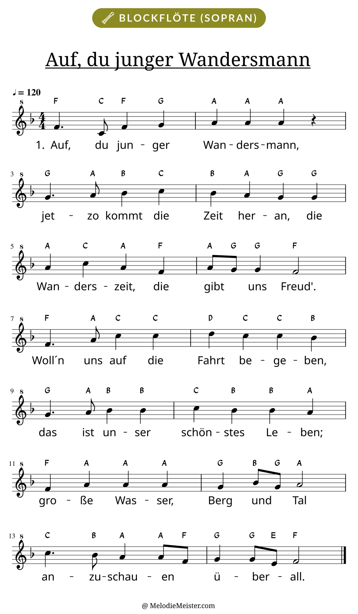Notenblatt „Auf, du junger Wandersmann“ für Blockflöte: Melodie mit Buchstaben über den Noten, darunter der Liedtext der 1. Strophe.