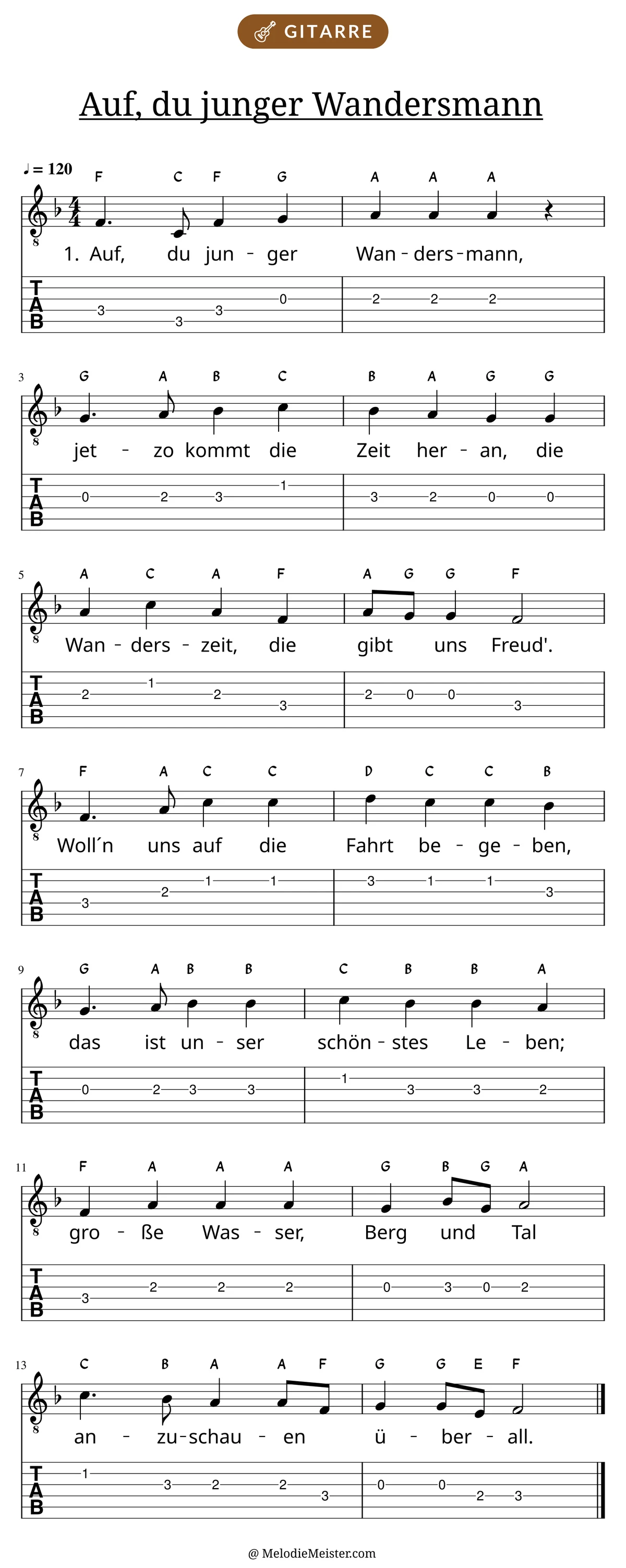 Notenblatt „Auf, du junger Wandersmann“ für Gitarre: Melodie mit Buchstaben über den Noten, darunter der Liedtext der 1. Strophe und die Gitarren-Tabulatur mit Bundzahlen.