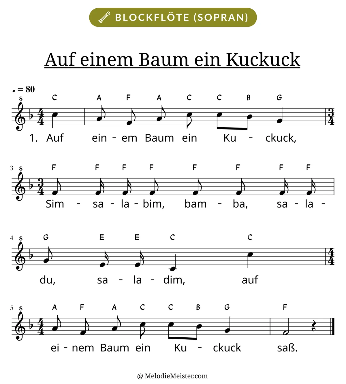 Notenblatt „Auf einem Baum ein Kuckuck“ für Blockflöte: Melodie mit Buchstaben über den Noten, darunter der Liedtext der 1. Strophe.