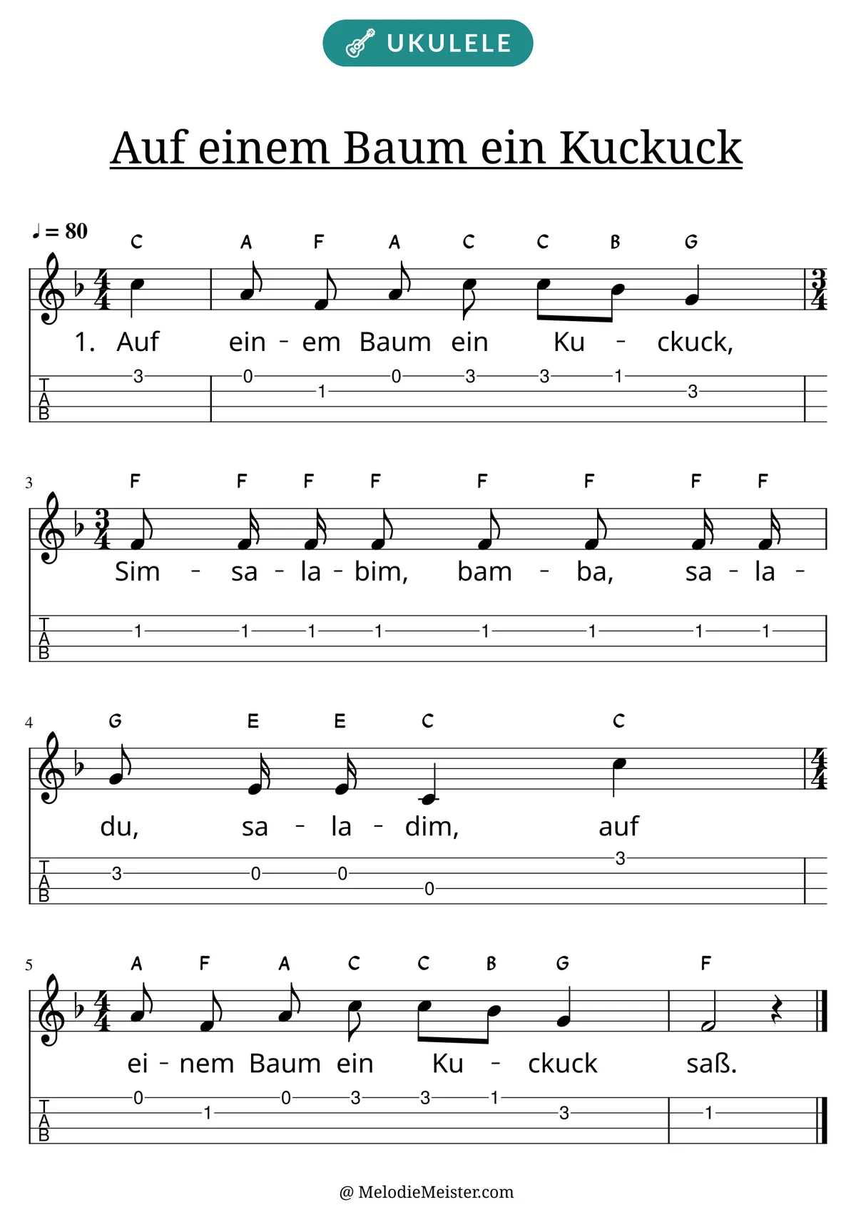 Notenblatt „Auf einem Baum ein Kuckuck“ für Ukulele: Melodie mit Buchstaben über den Noten, darunter der Liedtext der 1. Strophe und die Ukulele-Tabulatur mit Bundzahlen.