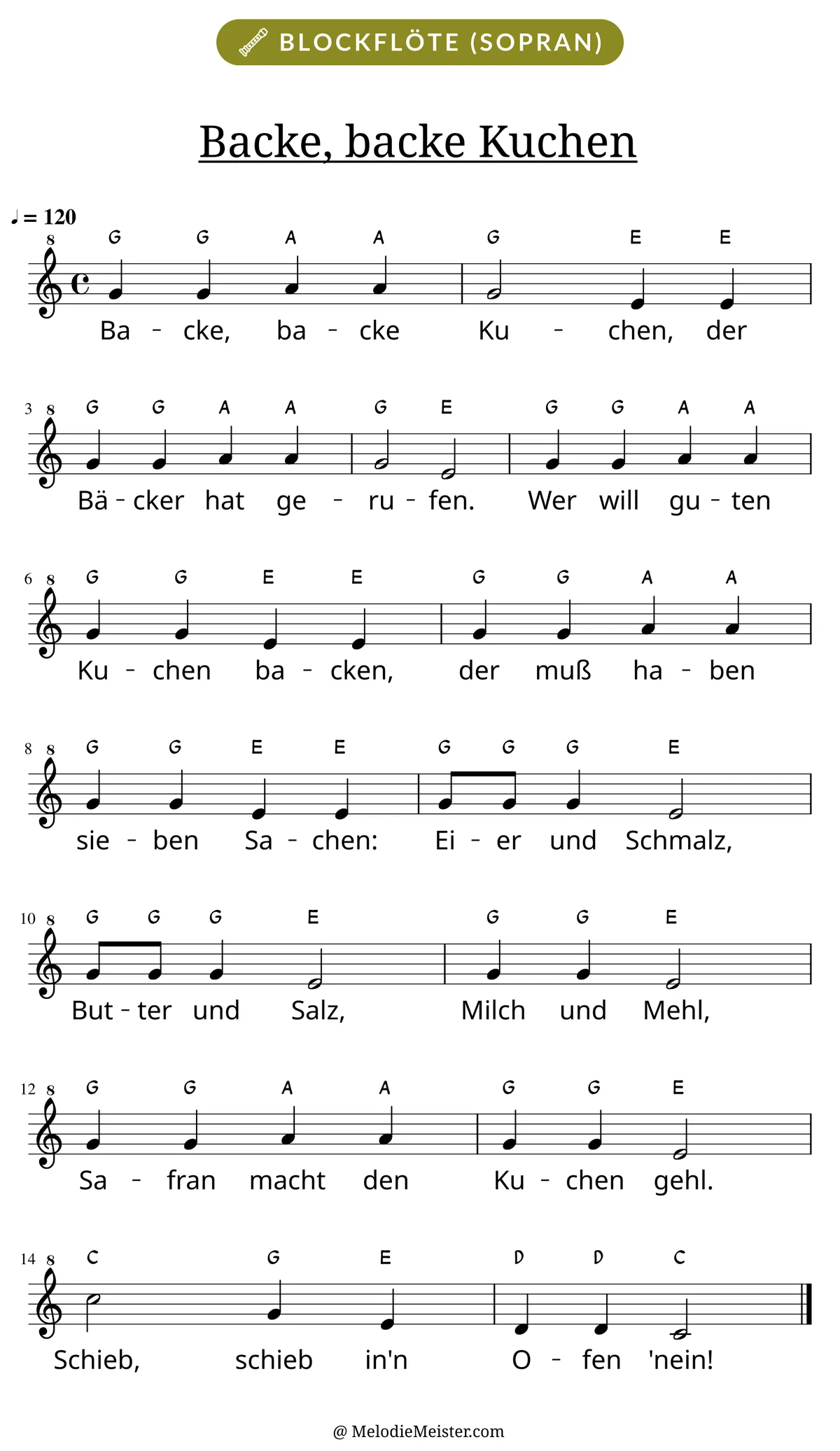 Notenblatt „Backe, backe Kuchen“ für Blockflöte: Melodie mit Buchstaben über den Noten, darunter der Liedtext.