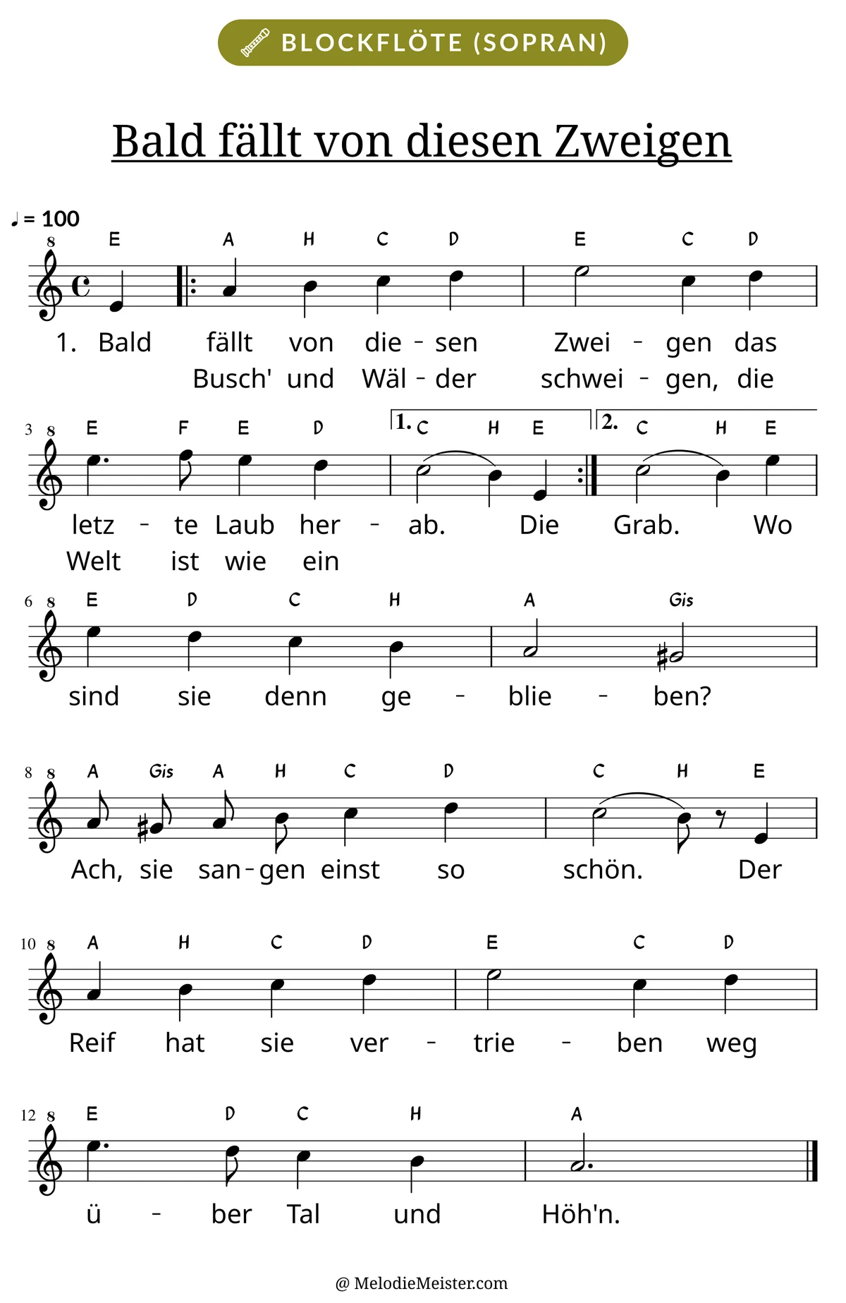 Notenblatt „Bald fällt von diesen Zweigen“ für Blockflöte: Melodie mit Buchstaben über den Noten, darunter der Liedtext der ersten beiden Strophen.