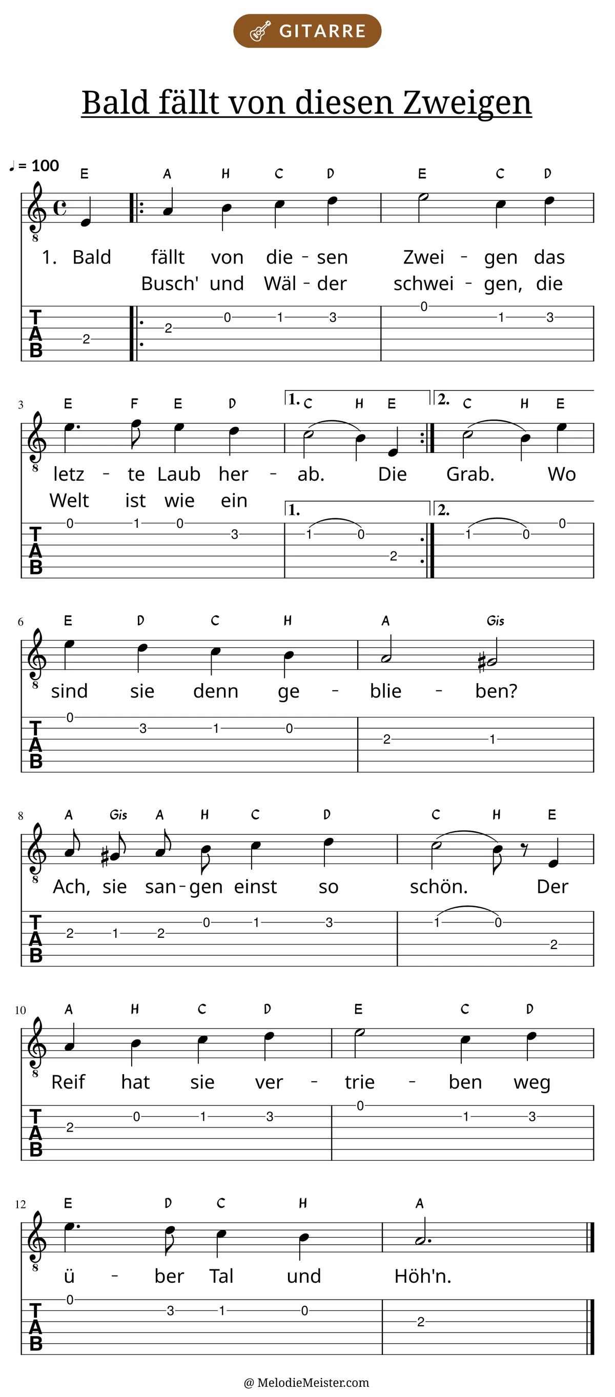 Notenblatt „Bald fällt von diesen Zweigen“ für Gitarre: Melodie mit Buchstaben über den Noten, darunter der Liedtext der ersten beiden Strophen und die Gitarren-Tabulatur mit Bundzahlen.