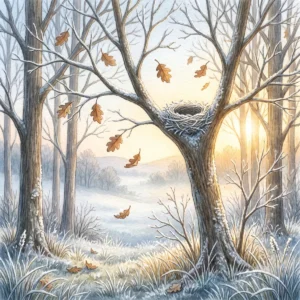 Ein kahler Winterwald mit Raureif, an einem Baum hängt ein leeres Vogelnest, letzte Eichenblätter fallen im Morgenlicht.