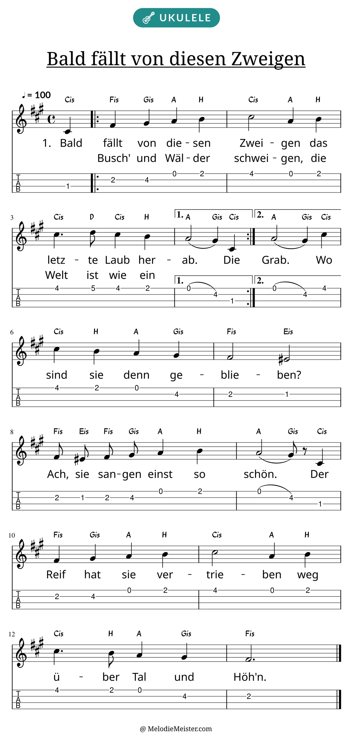 Notenblatt „Bald fällt von diesen Zweigen“ für Ukulele: Melodie mit Buchstaben über den Noten, darunter der Liedtext der ersten beiden Strophen und die Ukulele-Tabulatur mit Bundzahlen.