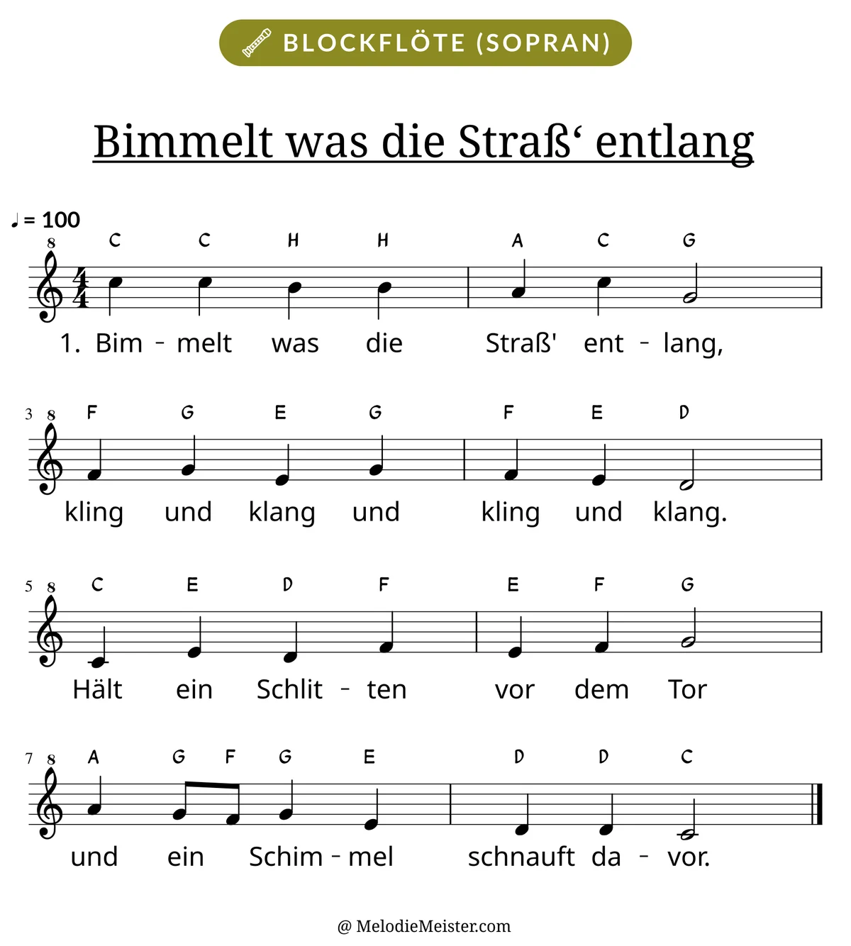 Notenblatt „Bimmelt was die Straß‘ entlang“ für Blockflöte: Melodie mit Buchstaben über den Noten, darunter der Liedtext der 1. Strophe.