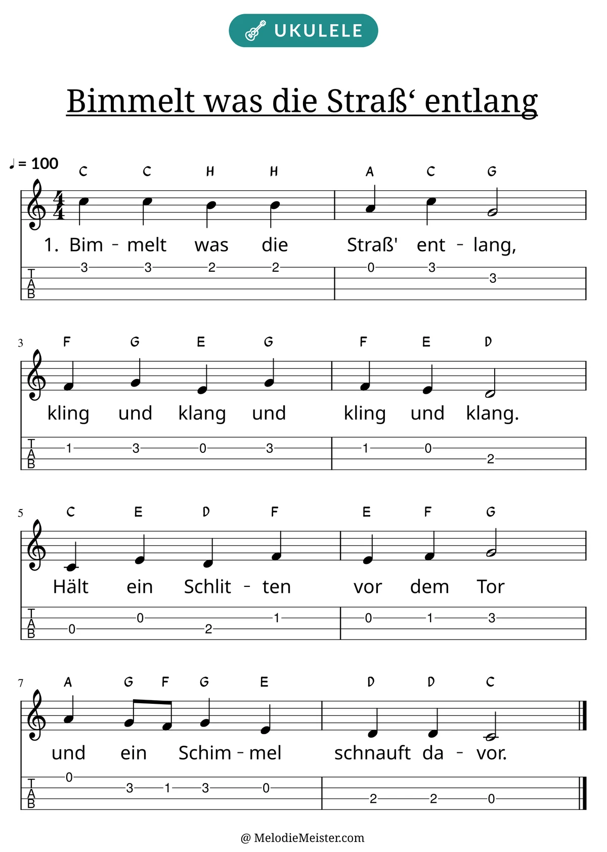 Notenblatt „Bimmelt was die Straß‘ entlang“ für Ukulele: Melodie mit Buchstaben über den Noten, darunter der Liedtext der 1. Strophe und die Ukulele-Tabulatur mit Bundzahlen.