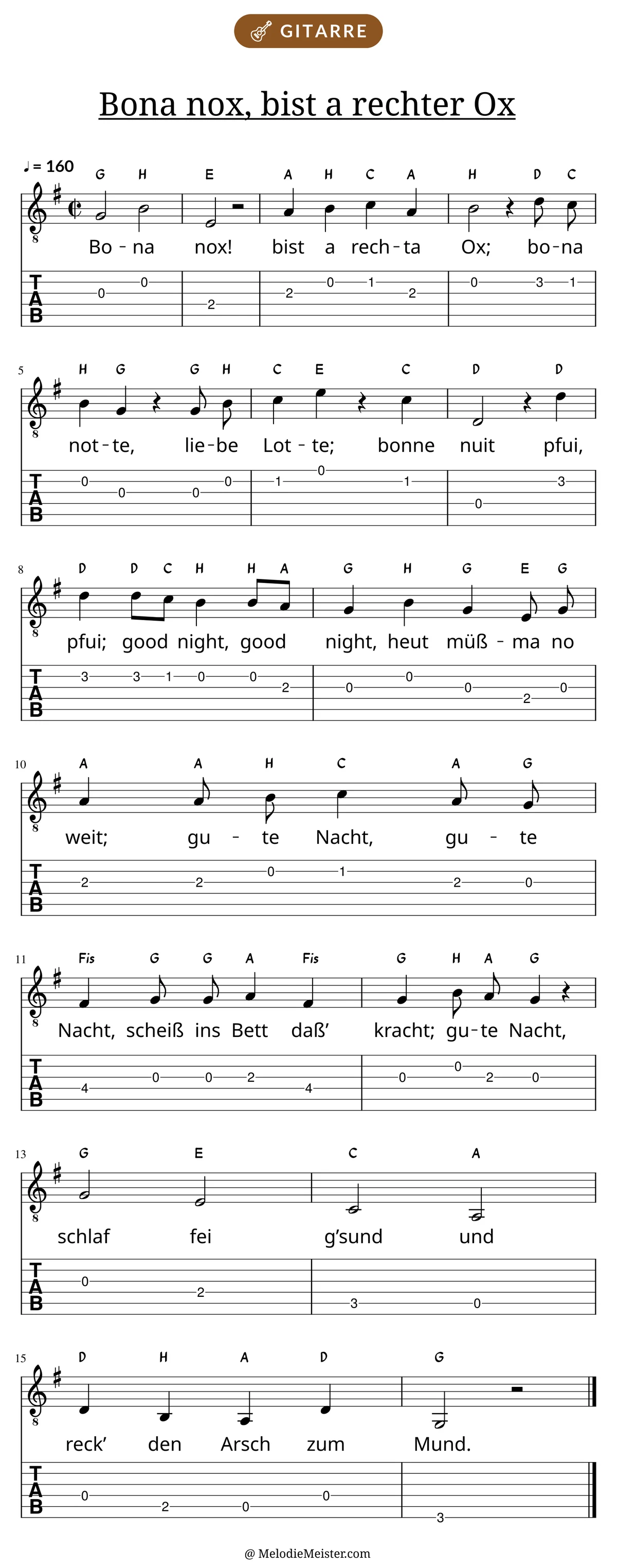 Notenblatt „Bona nox, bist a rechter Ox“ für Gitarre: Melodie mit Buchstaben über den Noten, darunter der Liedtext der 1. Strophe und die Gitarren-Tabulatur mit Bundzahlen.