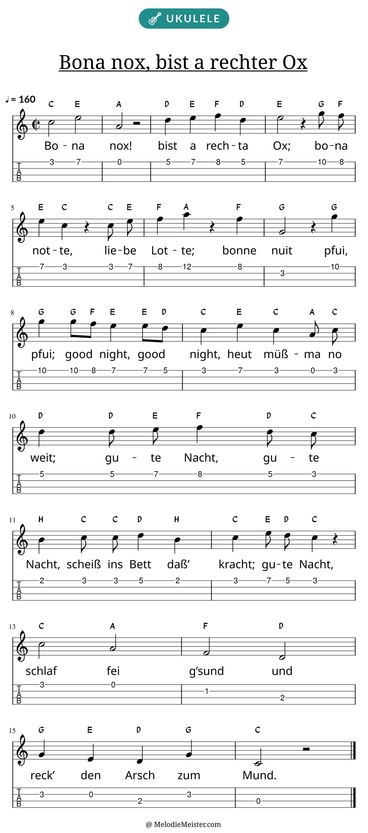 Notenblatt „Bona nox, bist a rechter Ox“ für Ukulele: Melodie mit Buchstaben über den Noten, darunter der Liedtext der 1. Strophe und die Ukulele-Tabulatur mit Bundzahlen.