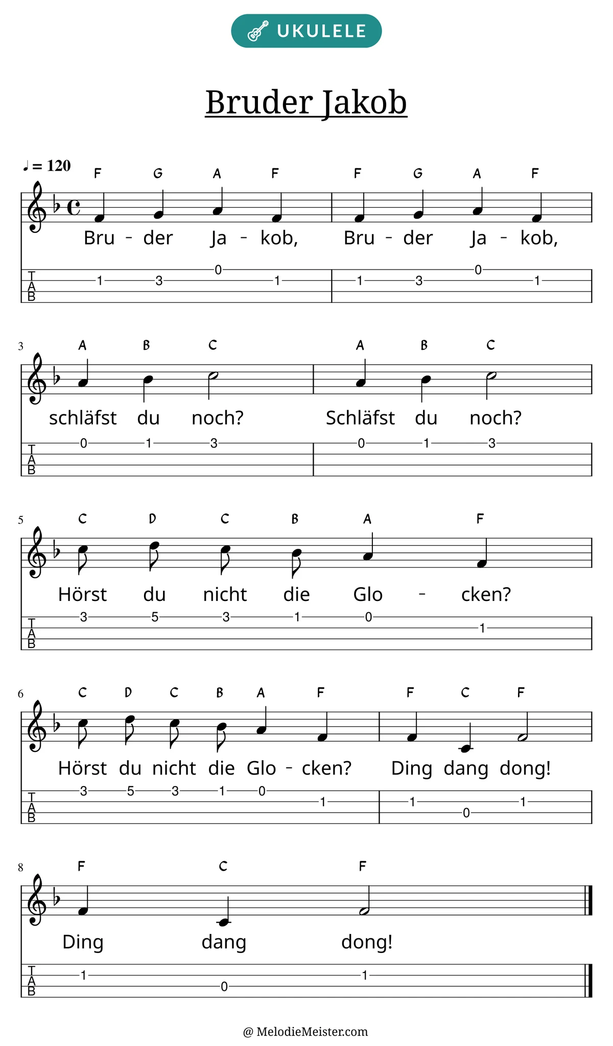 Notenblatt „Bruder Jakob“ für Ukulele: Melodie mit Buchstaben über den Noten, darunter der Liedtext der 1. Strophe und die Ukulele-Tabulatur mit Bundzahlen.