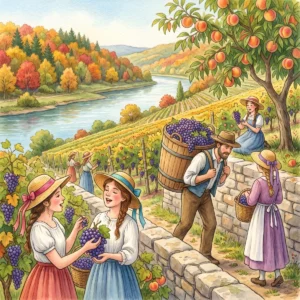 Weinlese an einem Fluss im Herbst: Mädchen mit Strohhüten ernten blaue Trauben, ein Mann trägt eine volle Butte, im Hintergrund bunte Wälder.