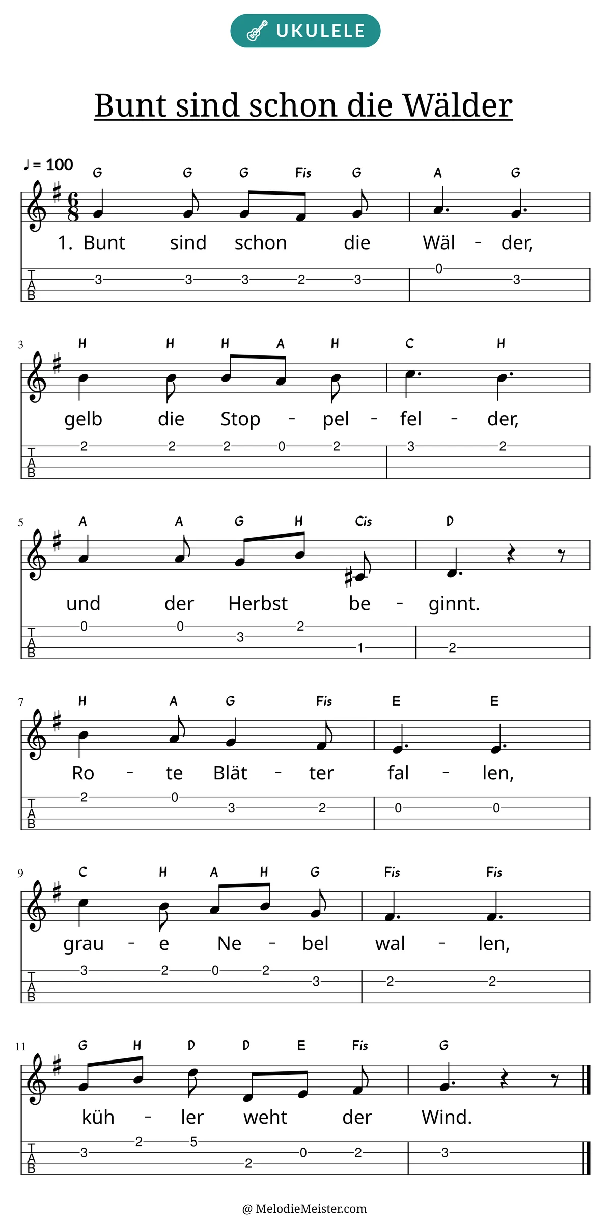 Notenblatt „Bunt sind schon die Wälder“ für Ukulele: Melodie mit Buchstaben über den Noten, darunter der Liedtext der 1. Strophe und die Ukulele-Tabulatur mit Bundzahlen.