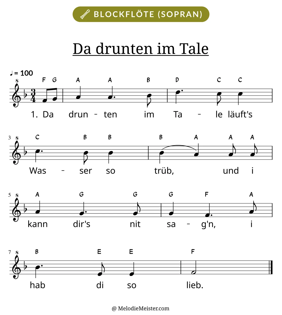 Notenblatt „Da drunten im Tale“ für Blockflöte: Melodie mit Buchstaben über den Noten, darunter der Liedtext der 1. Strophe.