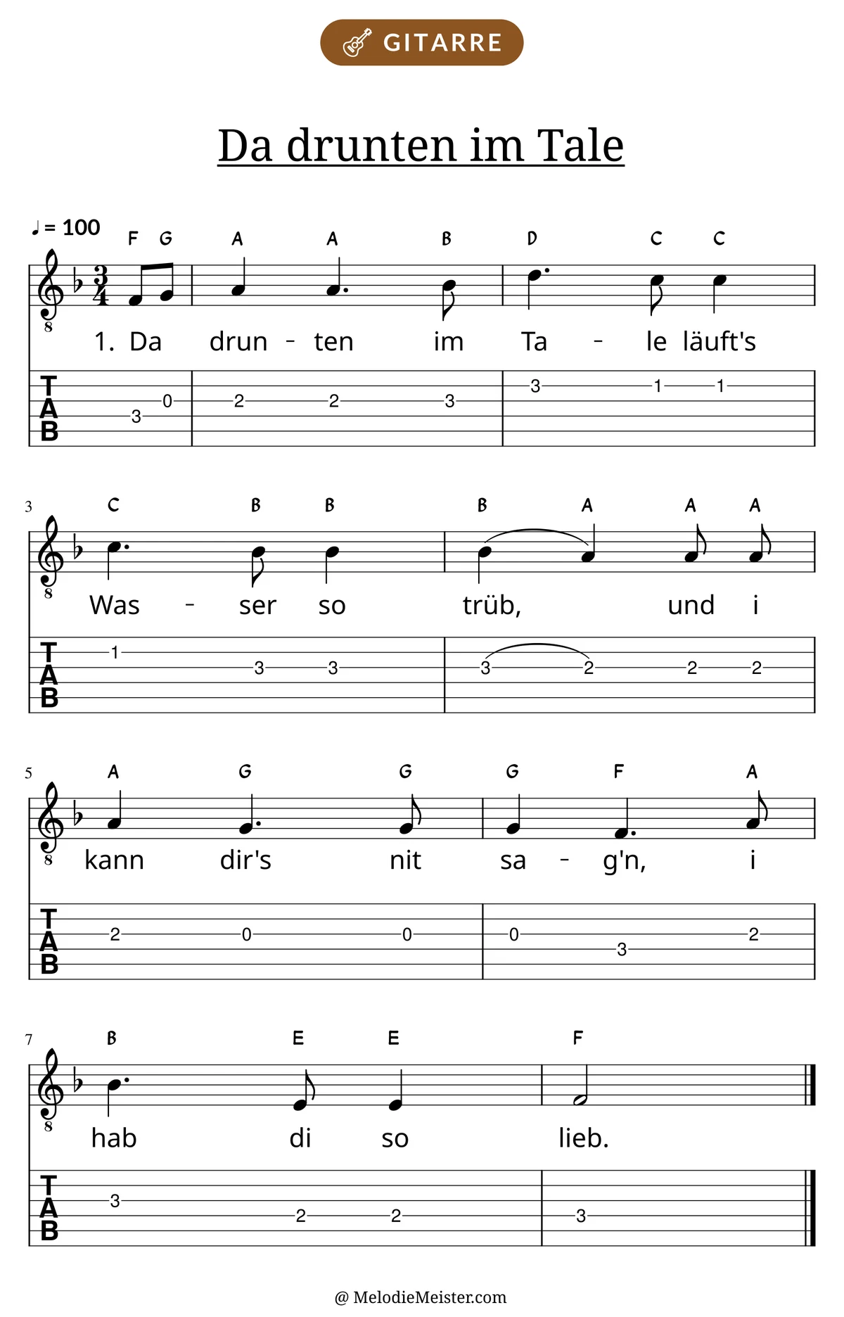 Notenblatt „Da drunten im Tale“ für Gitarre: Melodie mit Buchstaben über den Noten, darunter der Liedtext der 1. Strophe und die Gitarren-Tabulatur mit Bundzahlen.
