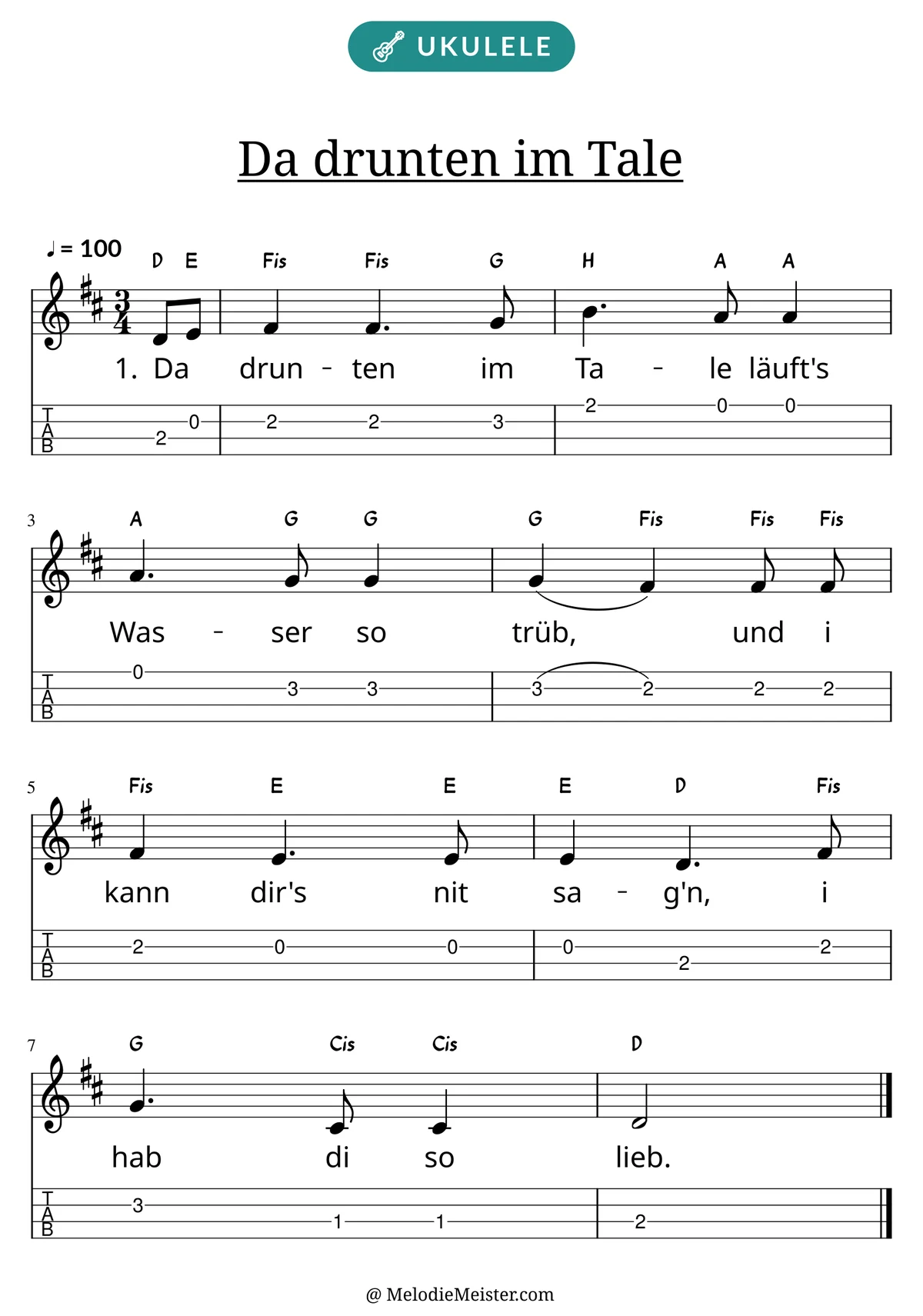 Notenblatt „Da drunten im Tale“ für Ukulele: Melodie mit Buchstaben über den Noten, darunter der Liedtext der 1. Strophe und die Ukulele-Tabulatur mit Bundzahlen.