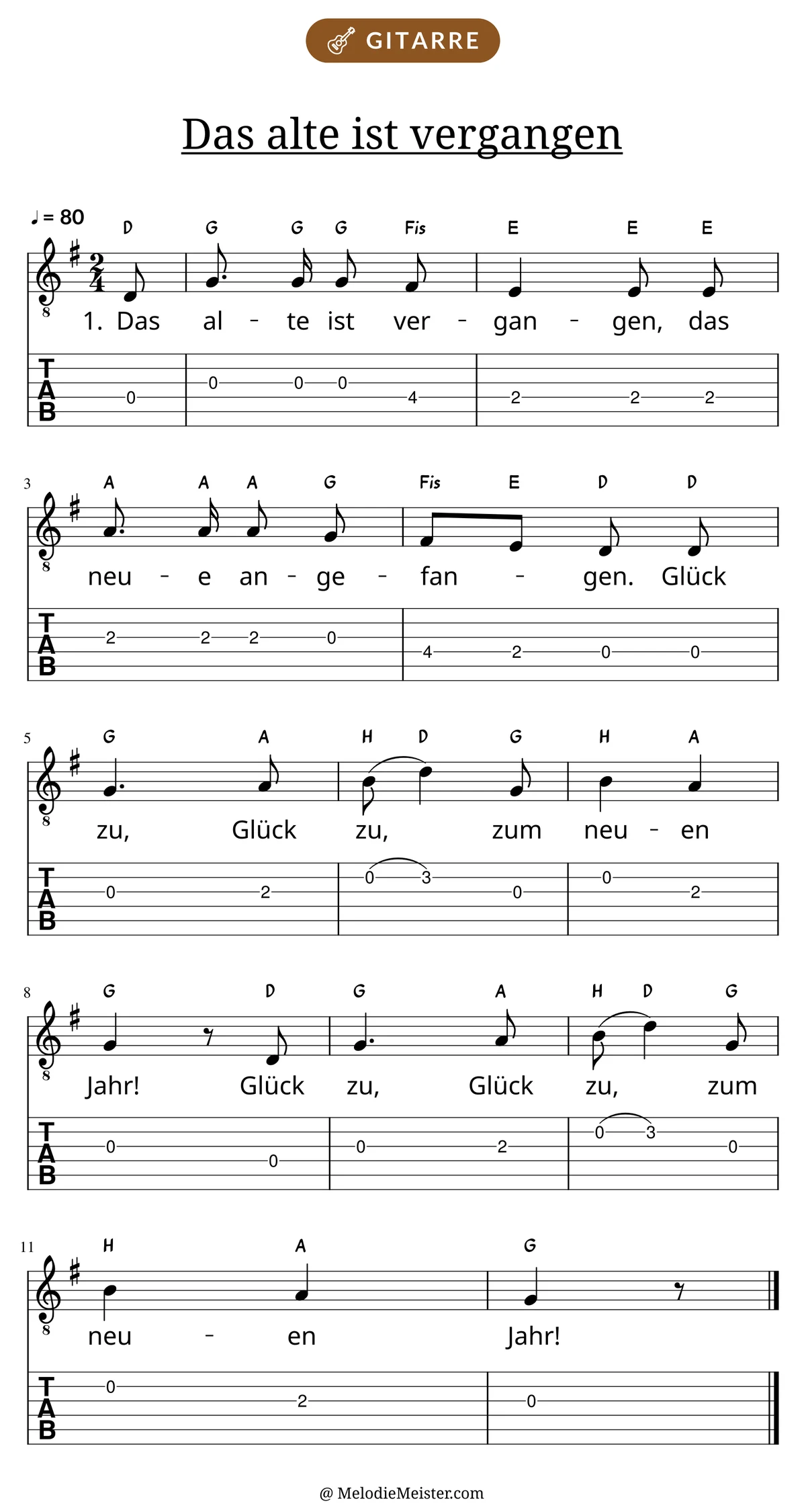 Notenblatt „Das alte ist vergangen“ für Gitarre: Melodie mit Buchstaben über den Noten, darunter der Liedtext der 1. Strophe und die Gitarren-Tabulatur mit Bundzahlen.
