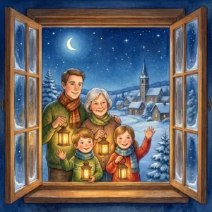 Eine Familie mit Großmutter steht am offenen Fenster und schaut mit Laternen in die Silvesternacht, draußen liegen ein verschneites Dorf und ein Kirchturm unter der Mondsichel.