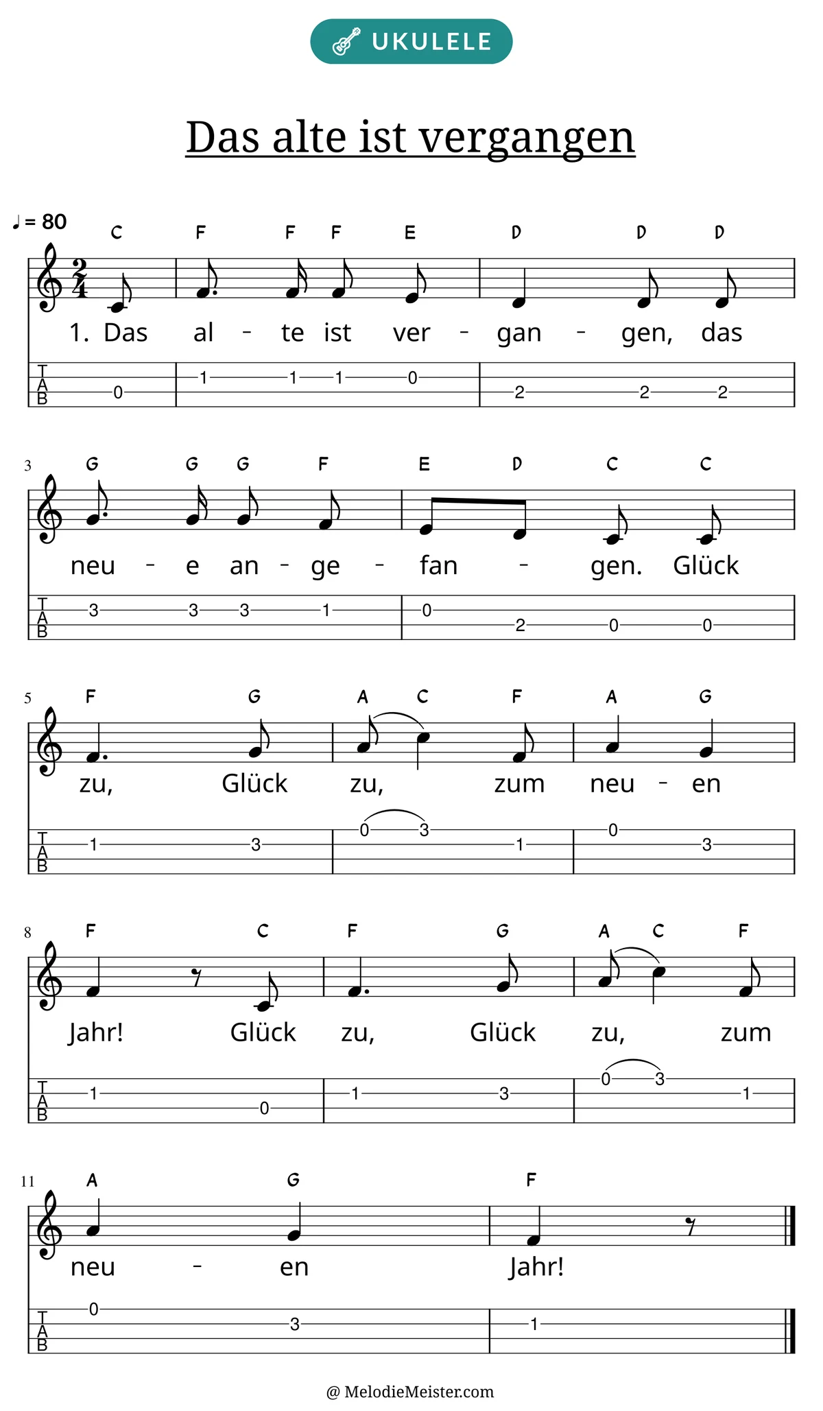 Notenblatt „Das alte ist vergangen“ für Ukulele: Melodie mit Buchstaben über den Noten, darunter der Liedtext der 1. Strophe und die Ukulele-Tabulatur mit Bundzahlen.