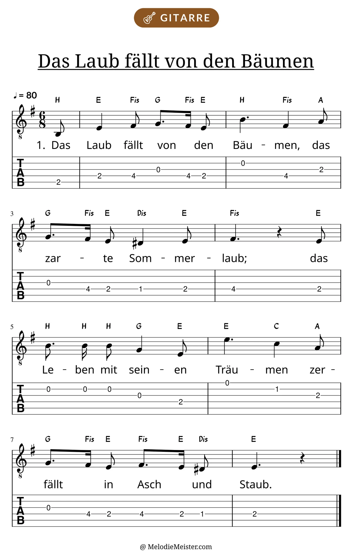 Notenblatt „Das Laub fällt von den Bäumen“ für Gitarre: Melodie mit Buchstaben über den Noten, darunter der Liedtext der 1. Strophe und die Gitarren-Tabulatur mit Bundzahlen.