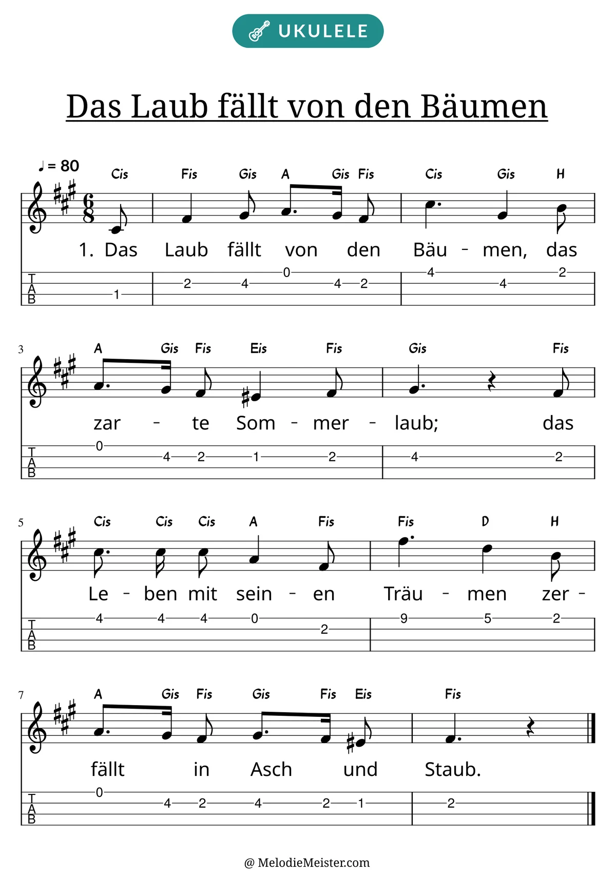 Notenblatt „Das Laub fällt von den Bäumen“ für Ukulele: Melodie mit Buchstaben über den Noten, darunter der Liedtext der 1. Strophe und die Ukulele-Tabulatur mit Bundzahlen.