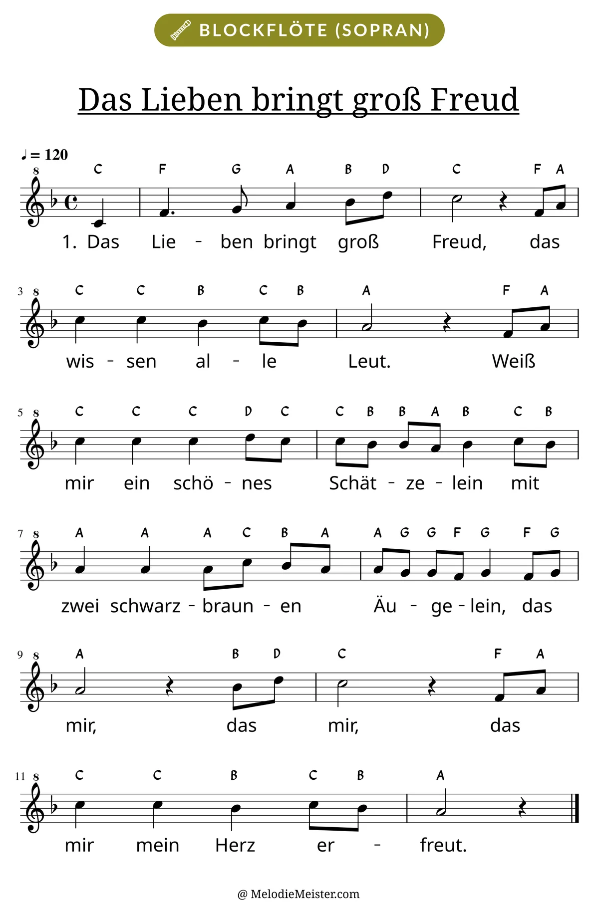 Notenblatt „Das Lieben bringt groß Freud“ für Blockflöte: Melodie mit Buchstaben über den Noten, darunter der Liedtext der 1. Strophe.
