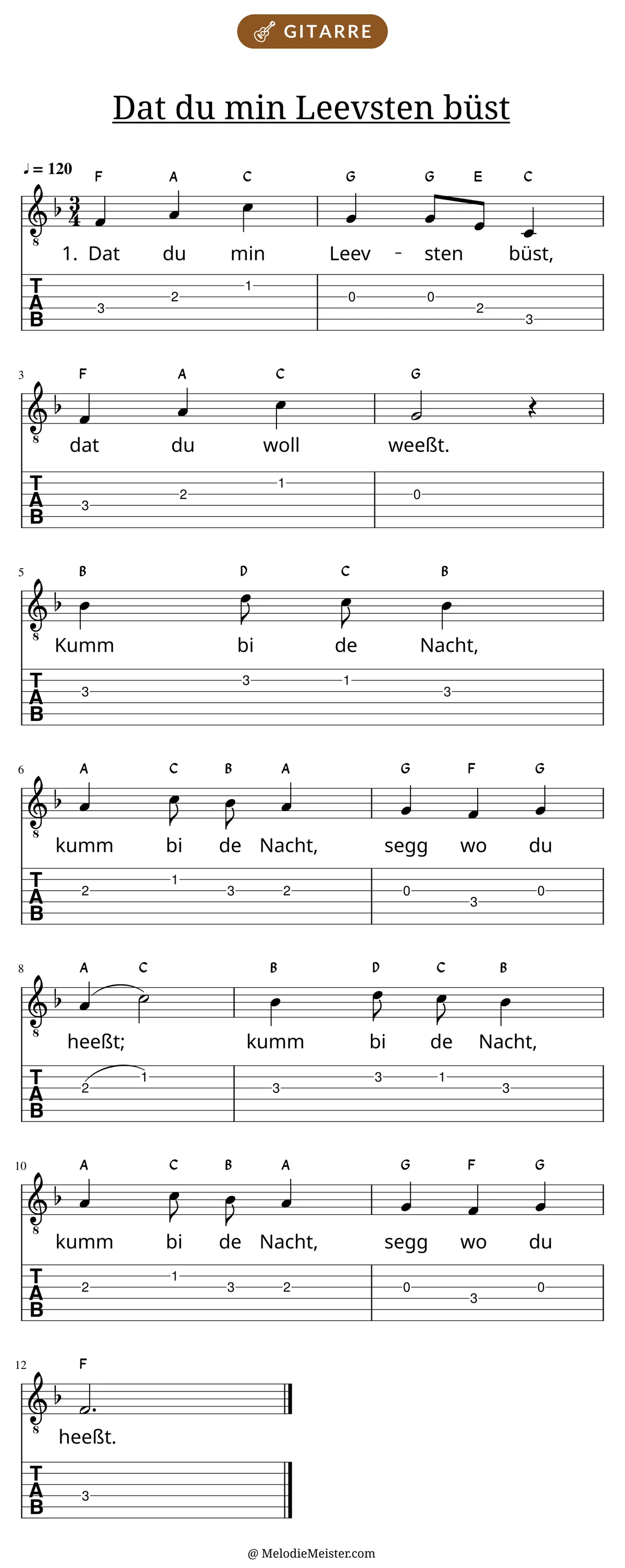 Notenblatt „Dat du min Leevsten büst“ für Gitarre: Melodie mit Buchstaben über den Noten, darunter der Liedtext der 1. Strophe und die Gitarren-Tabulatur mit Bundzahlen.