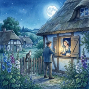 Ein junger Mann klopft nachts an das Fenster eines Reetdachhauses, eine junge Frau mit Kerze öffnet lächelnd den Laden, der Vollmond scheint, eine Katze sitzt auf dem Zaun.
