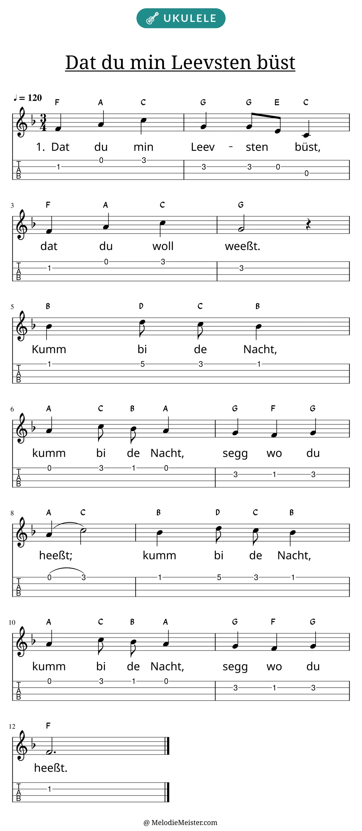 Notenblatt „Dat du min Leevsten büst“ für Ukulele: Melodie mit Buchstaben über den Noten, darunter der Liedtext der 1. Strophe und die Ukulele-Tabulatur mit Bundzahlen.