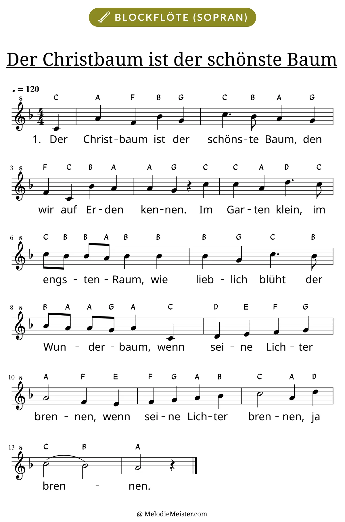 Notenblatt „Der Christbaum ist der schönste Baum“ für Blockflöte: Melodie mit Buchstaben über den Noten, darunter der Liedtext der 1. Strophe.