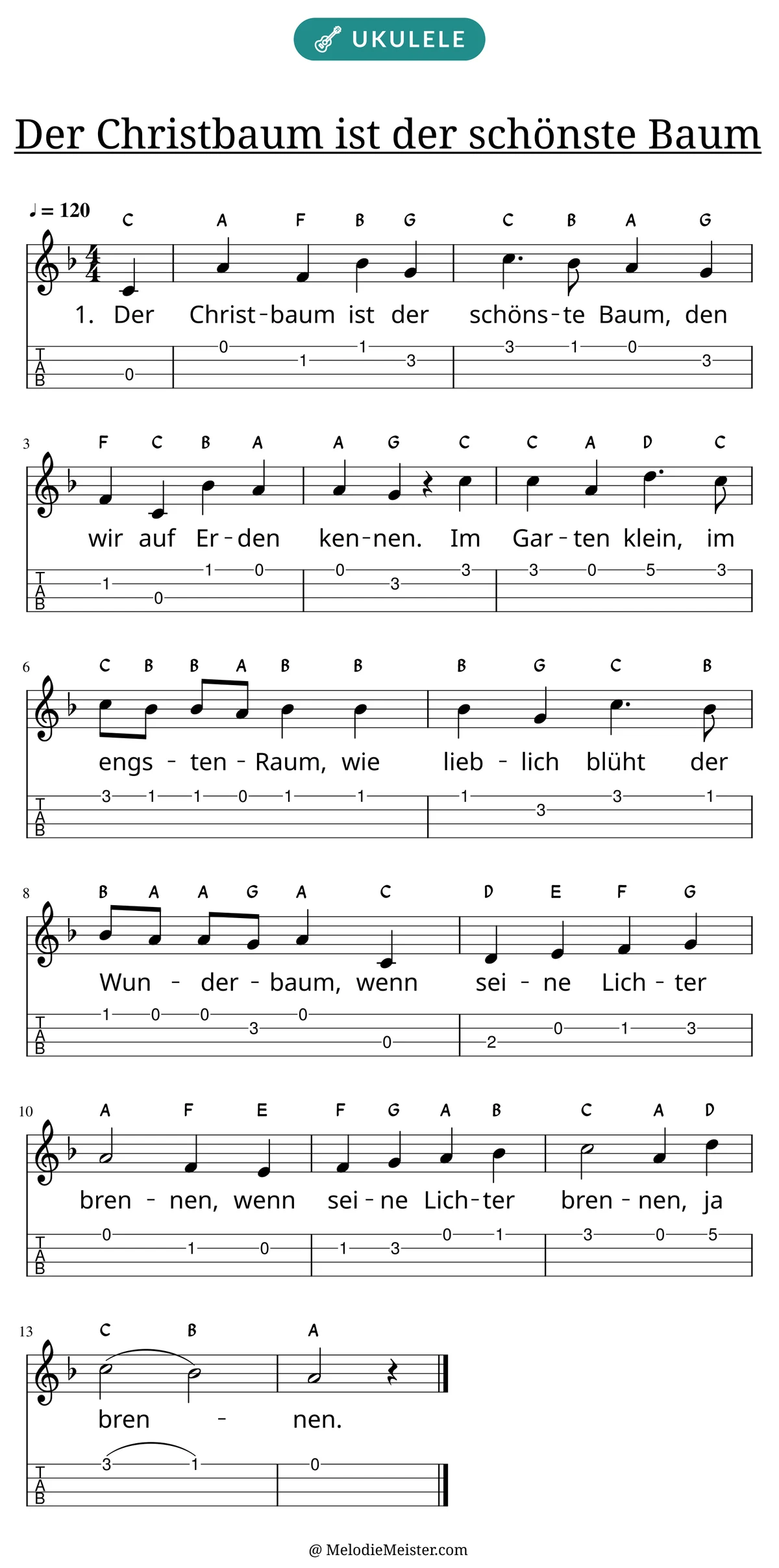 Notenblatt „Der Christbaum ist der schönste Baum“ für Ukulele: Melodie mit Buchstaben über den Noten, darunter der Liedtext der 1. Strophe und die Ukulele-Tabulatur mit Bundzahlen.