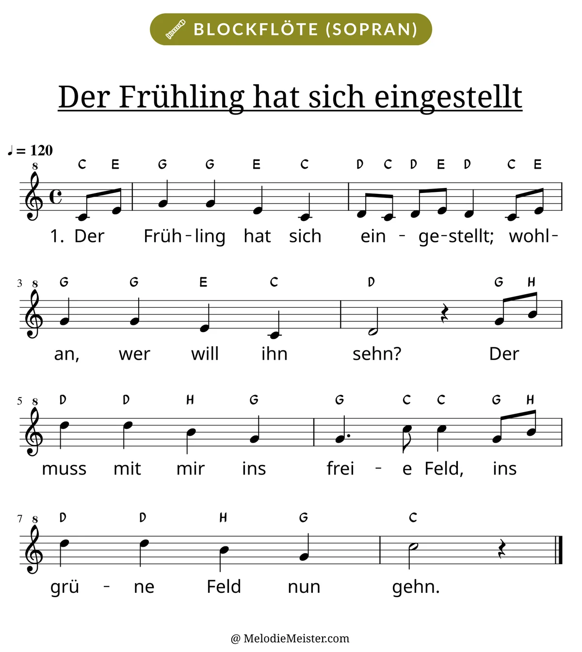Notenblatt „Der Frühling hat sich eingestellt“ für Blockflöte: Melodie mit Buchstaben über den Noten, darunter der Liedtext der 1. Strophe.