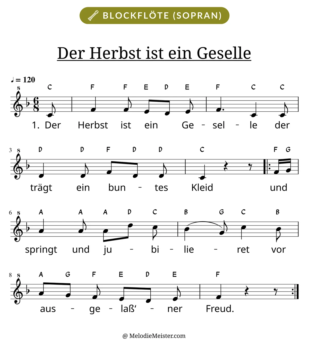 Notenblatt „Der Herbst ist ein Geselle“ für Blockflöte: Melodie mit Buchstaben über den Noten, darunter der Liedtext der 1. Strophe.