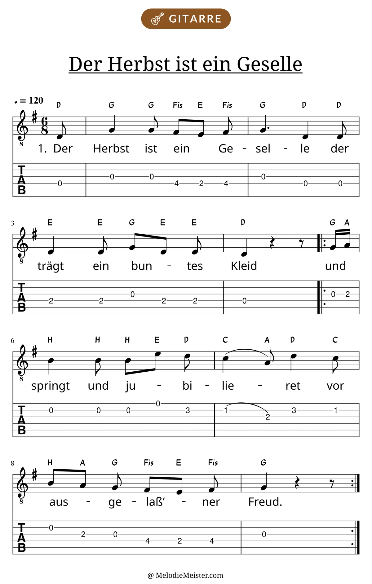 Notenblatt „Der Herbst ist ein Geselle“ für Gitarre: Melodie mit Buchstaben über den Noten, darunter der Liedtext der 1. Strophe und die Gitarren-Tabulatur mit Bundzahlen.