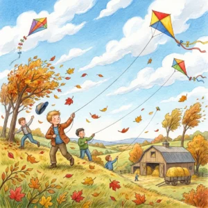 Kinder lassen auf einer windigen Herbstwiese bunte Drachen steigen, Blätter wirbeln durch die Luft, unten steht eine Scheune.