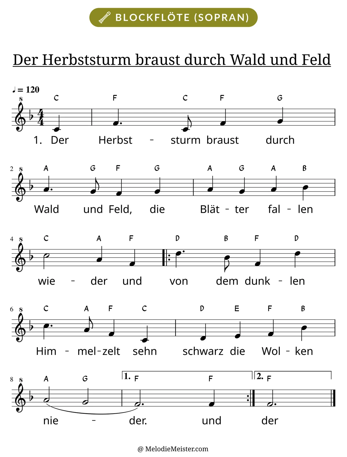 Notenblatt „Der Herbststurm braust durch Wald und Feld“ für Blockflöte: Melodie mit Buchstaben über den Noten, darunter der Liedtext der 1. Strophe.