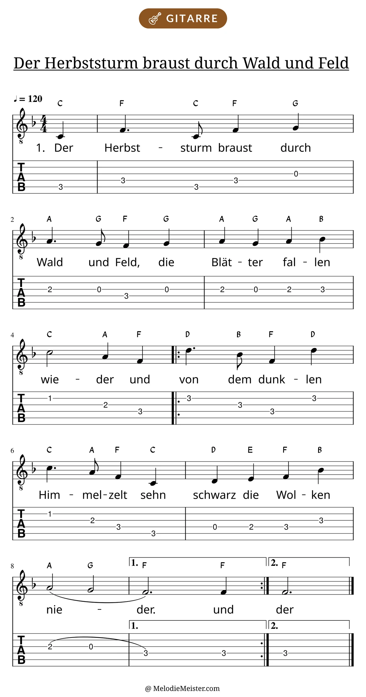 Notenblatt „Der Herbststurm braust durch Wald und Feld“ für Gitarre: Melodie mit Buchstaben über den Noten, darunter der Liedtext der 1. Strophe und die Gitarren-Tabulatur mit Bundzahlen.