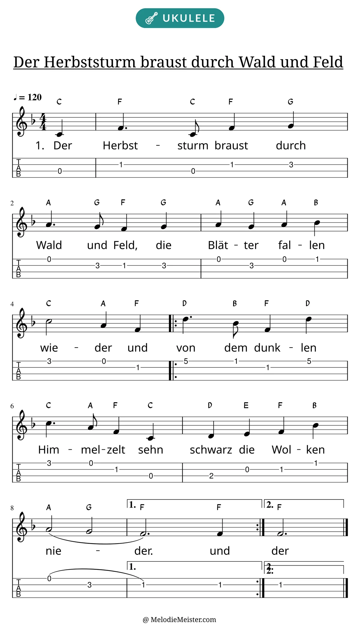 Notenblatt „Der Herbststurm braust durch Wald und Feld“ für Ukulele: Melodie mit Buchstaben über den Noten, darunter der Liedtext der 1. Strophe und die Ukulele-Tabulatur mit Bundzahlen.