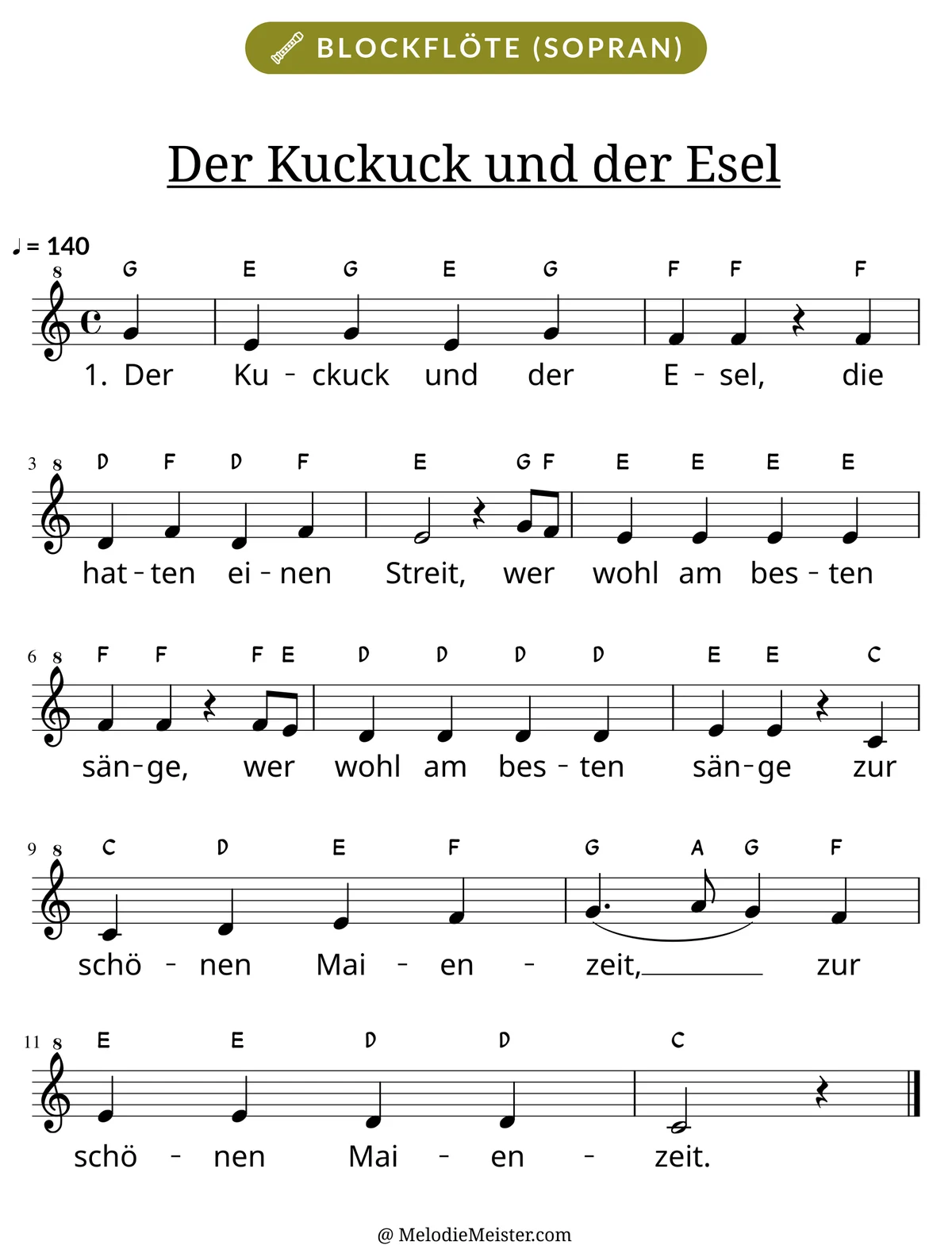 Notenblatt „Der Kuckuck und der Esel“ für Blockflöte: Melodie mit Buchstaben über den Noten, darunter der Liedtext der 1. Strophe.