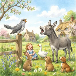 Ein Kuckuck auf einem Zaunpfahl und ein Esel singen auf einer Frühlingswiese um die Wette, ein lachendes Mädchen, ein Hase, eine Gans und ein Hund hören zu.