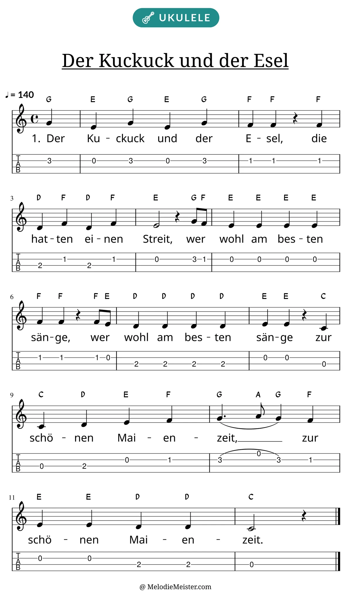 Notenblatt „Der Kuckuck und der Esel“ für Ukulele: Melodie mit Buchstaben über den Noten, darunter der Liedtext der 1. Strophe und die Ukulele-Tabulatur mit Bundzahlen.