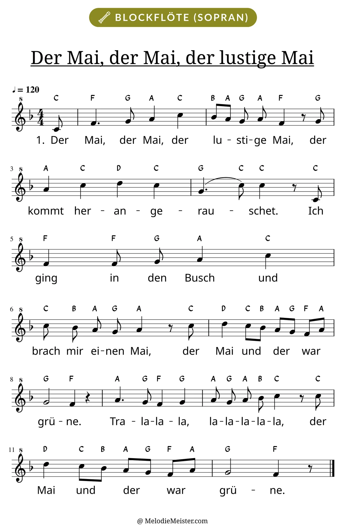 Notenblatt „Der Mai, der Mai, der lustige Mai“ für Blockflöte: Melodie mit Buchstaben über den Noten, darunter der Liedtext der 1. Strophe.