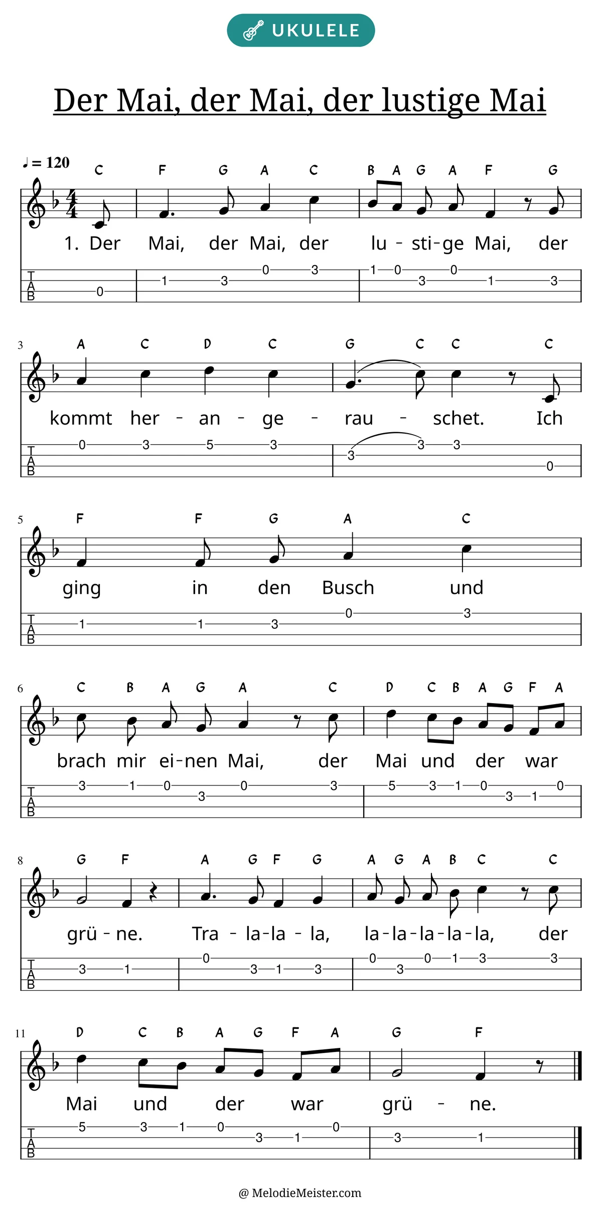 Notenblatt „Der Mai, der Mai, der lustige Mai“ für Ukulele: Melodie mit Buchstaben über den Noten, darunter der Liedtext der 1. Strophe und die Ukulele-Tabulatur mit Bundzahlen.