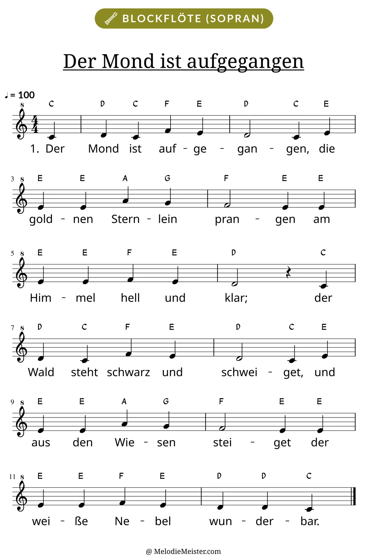 Notenblatt „Der Mond ist aufgegangen“ für Blockflöte: Melodie mit Buchstaben über den Noten, darunter der Liedtext der 1. Strophe.