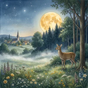 Ein großer goldener Mond geht über einem dunklen Wald auf, weißer Nebel steigt von der Wiese, ein Reh steht am Waldrand, in der Ferne ein Dorf.