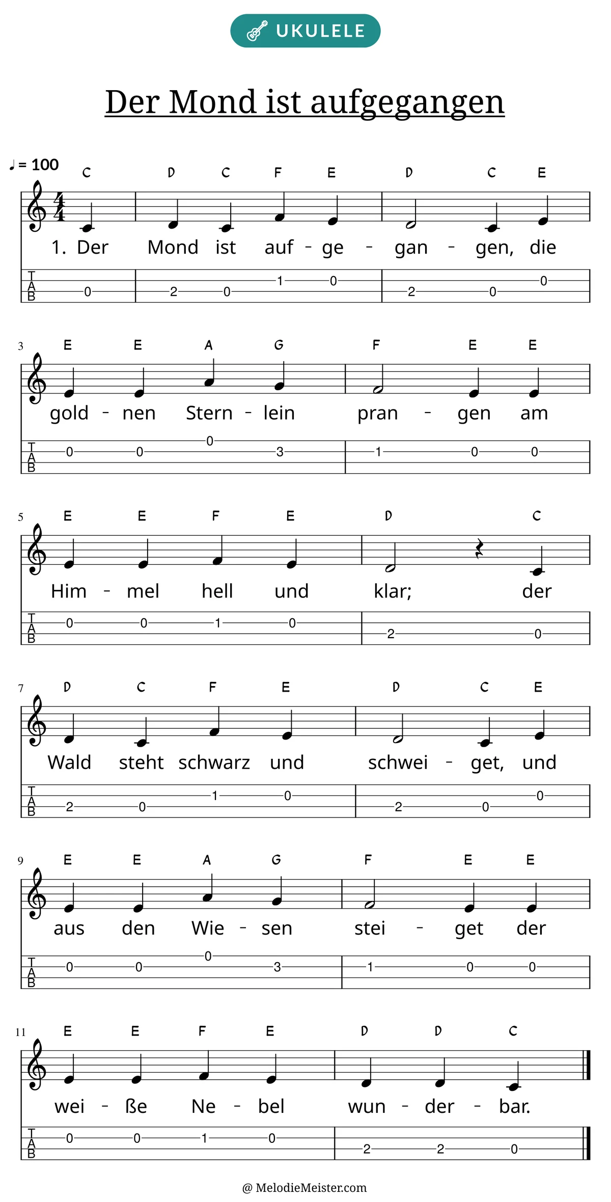 Notenblatt „Der Mond ist aufgegangen“ für Ukulele: Melodie mit Buchstaben über den Noten, darunter der Liedtext der 1. Strophe und die Ukulele-Tabulatur mit Bundzahlen.