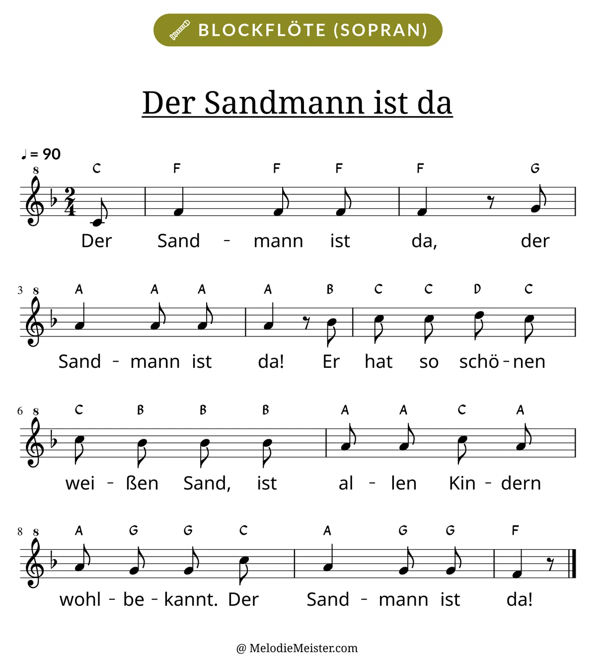 Notenblatt „Der Sandmann ist da“ für Blockflöte: Melodie mit Buchstaben über den Noten, darunter der Liedtext.